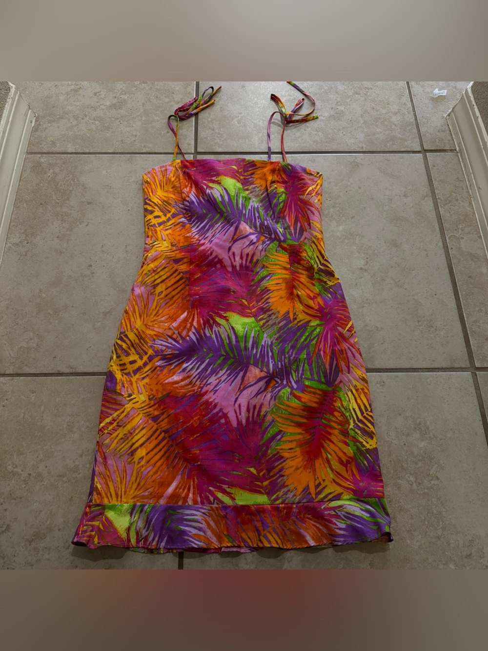 David Meister multicolor tropical palm print flounce mini dress